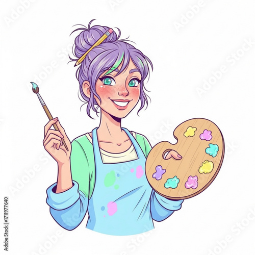 Illustration of young woman artist with purple hair holding a paintbrush and palette