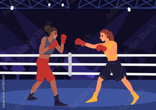 Two female boxers fight in boxing ring. Womens boxing tournament. Sport event. Kickboxers championship match. Kickboxing sparring with opponents. Athletic girl fighters. Vector concept