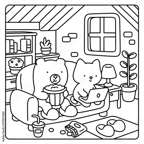 A pair of best friends go to the movies together on a holiday, easy coloring for kids, vector, illustration, coloring book, coloring page, cozy, cute, bold, comfy