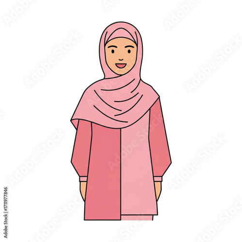 Illustration of a smiling woman wearing a pink hijab and tunic