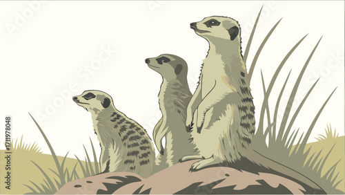 Three meerkats standing alert in grassy habitat wildlife illustration.