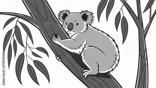 Koala bear climbing a tree grayscale illustration wildlife nature animal eucalyptus leaves.