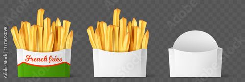 Realistic packaging for French fries. Empty and full pack for fried potato pieces. 3D package mockup. Blank cardboard containers set. Vector fastfood packet on transparent background