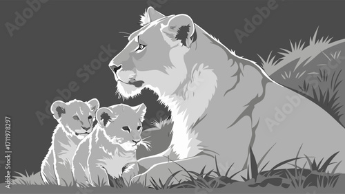 Lioness with cubs grayscale wildlife art family nature vector illustration.