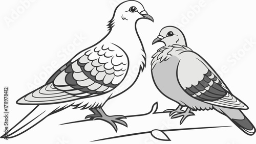 Two Doves Perched on a Branch Elegant Black and White Illustration.