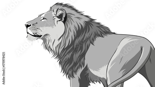 Majestic Lion Profile Gray Scale Wildlife Animal Illustration Powerful King of Jungle Wild Cat Vector Art.
