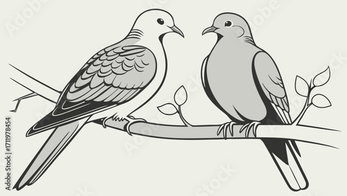 Two doves perched on a branch vector illustration grayscale bird art wildlife nature avian romantic peaceful elegant simple design graphic design element logo symbol icon print ca.