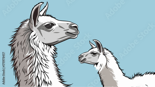 Two Llamas Profile View Cute Animal Illustration Vector Graphic Soft Colors.