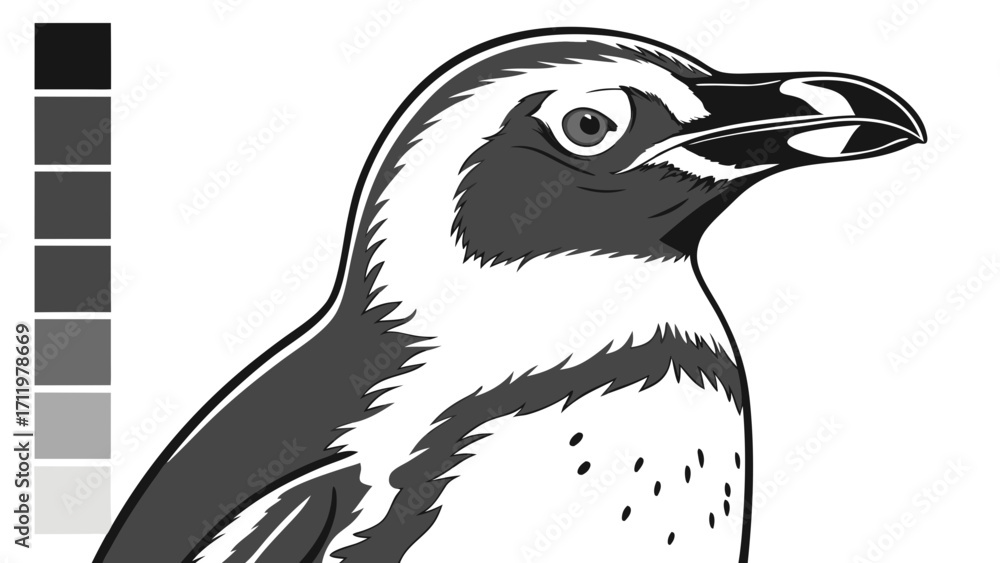 Fototapeta premium Penguin illustration grayscale bird wildlife animal arctic antarctic zoology ornithology feather beak monochrome graphic design coloring page kids children education nature faun.
