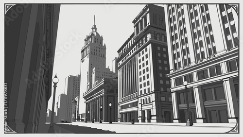 Vintage City Street Architectural Illustration Black and White Urban Landscape Downtown Skyline Classic Building Design.