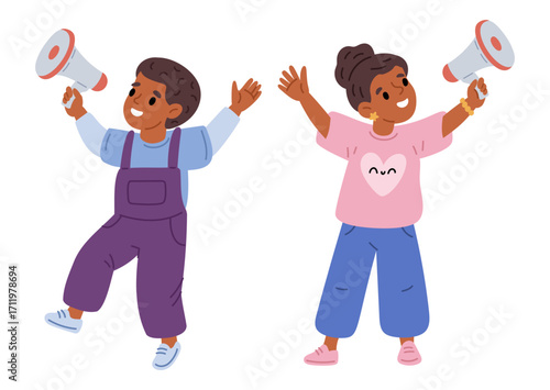 Little boy and girl holding megaphone. Children are speaking loudly to make announcement. Happy kids with loudspeakers. Promotion messages and marketing. Young speakers. Vector concept