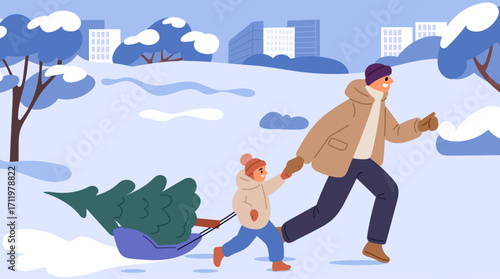 Joyful father and son sledding home with Christmas conifer tree. Man and boy in winter clothes running through city park. Family prepare for Xmas and carrying holiday fir. Vector concept
