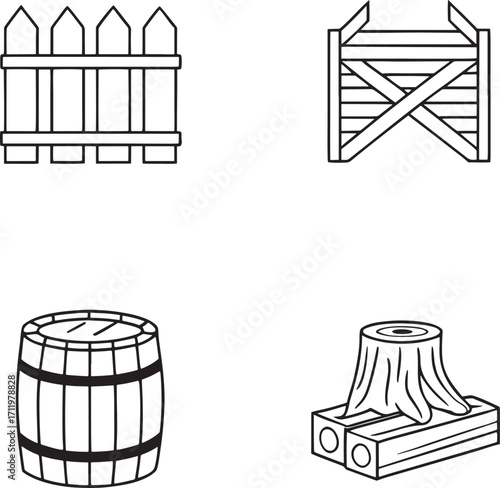 Rustic Farm Elements and Wooden Objects Icons