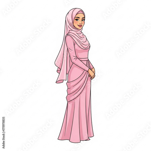 Illustration of young muslim woman wearing a pink hijab and dress