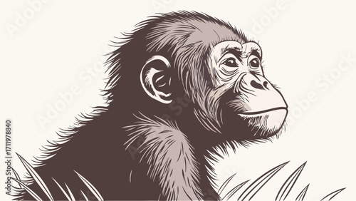 Young ape portrait primate illustration jungle animal drawing wildlife artwork monkey vector graphic ape head close-up furry creature image detailed animal illustration vector art graphi.