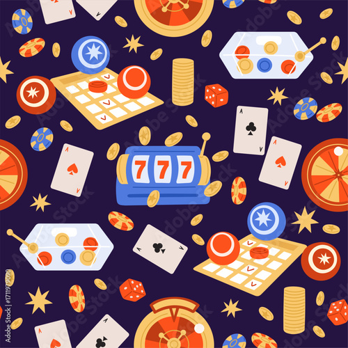 Gambling items. Roulette wheel. Playing poker cards. Gamble seamless pattern. Casino chips. Dices and token coins. Repeated print. Lottery and lotto numbered balls. Vector background