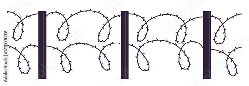Barbed wire stretched between metal posts. Prohibited protected area. Iron sharp fence. Prison seamless border black silhouette. Military barrier. Vector guard spiral line boundary