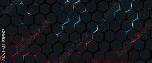 Wall of Random shifted neon honeycomb hexagon background metaverse, streaming concept. 3d rendering.