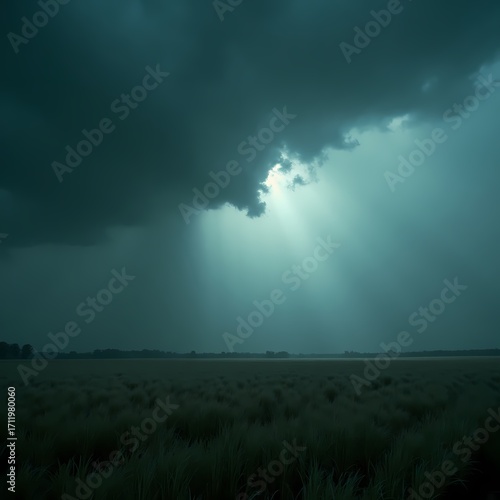 Dramatic Moody Sunlight Ray Through Dark Clouds Over Field Landscape