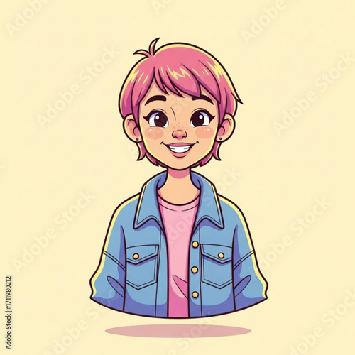 Illustration of cartoon young girl with pink hair and denim jacket smiling