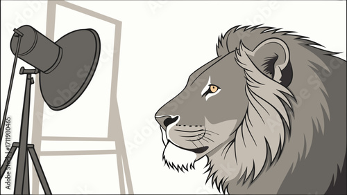 Studio Portrait of a Majestic Lion Photography Lighting Setup Wildlife Art Illustration.