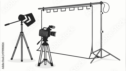 Studio Setup with Camera Lighting and Backdrop for Film Production or Photography.