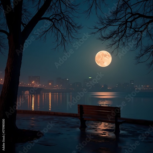 Serene Nightscape with Luminous Moon over Cityscape and Lakeside Bench Scene