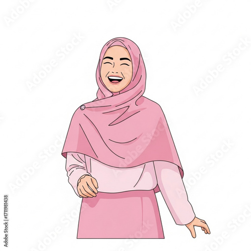 Illustration of happy young muslim woman wearing pink hijab