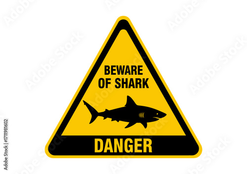 Vector illustration of a yellow triangular warning sign with a shark silhouette and danger text. Beach safety symbol isolated on a white background