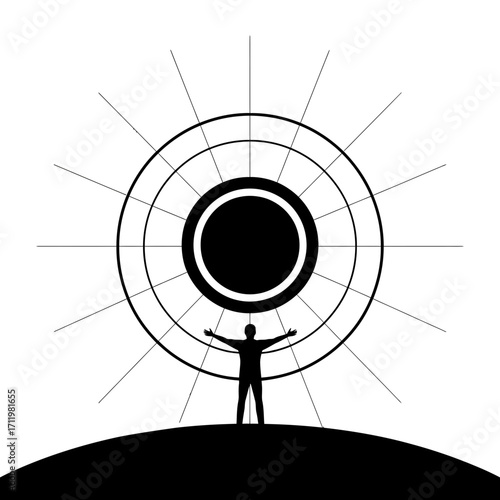 Silhouette of a person with raised arms standing before a radiant celestial sun symbol