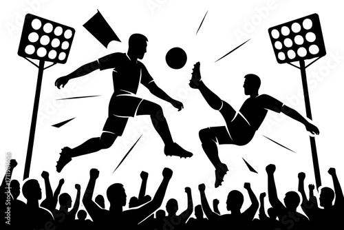 Dynamic football players compete for the ball in a packed stadium under bright lights