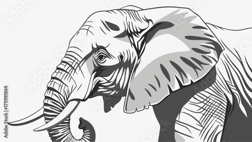 Stylized Elephant Head Monochrome Animal Illustration Wildlife Art Grey Scale Graphic Design.
