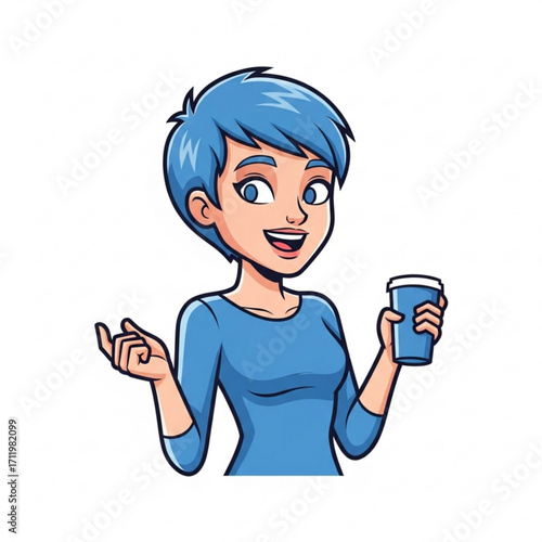 Illustration of cartoon woman with blue hair holding a coffee cup