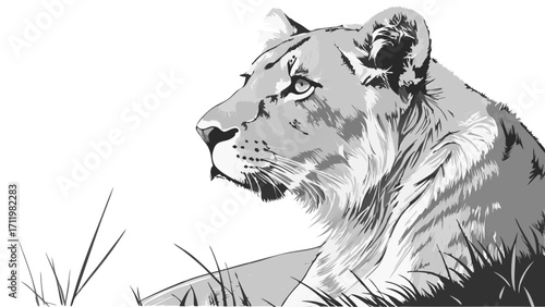 Stylized grayscale illustration of a lioness in the grass.