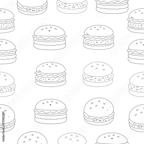 doodle burger pattern background. doodle fast food burger seamless pattern background. seamless pattern of hamburger in doodle style. Seamless Pattern of a Cheese Burger. Burger with stick. 
