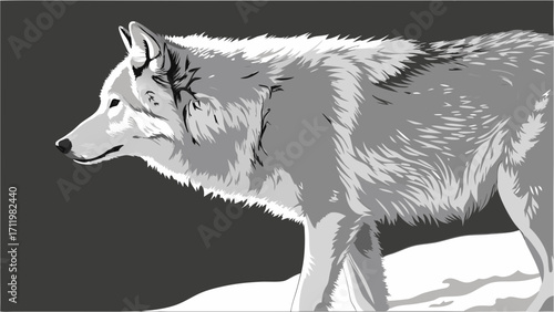 Stylized grayscale illustration of a wolf walking in the snow.