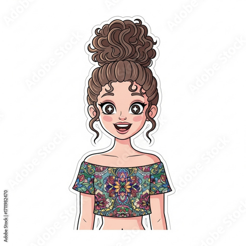 Illustration of cartoon girl with messy bun and colorful offshoulder top