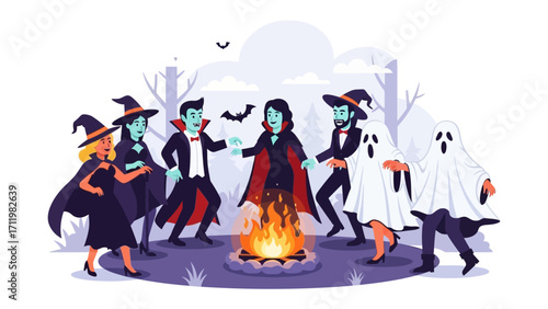 Halloween Campfire Gathering: A gathering of supernatural characters, witches, and ghouls around a campfire, with a witch, vampire, ghost, and bat, captured in a playful illustration.
