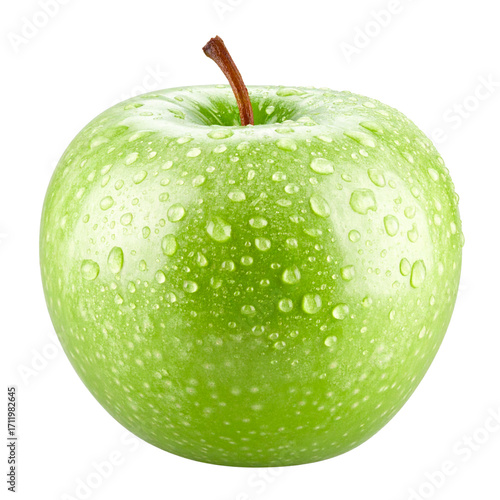 A juicy, fresh green apple with water drops isolated on a white background
