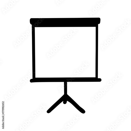 Black and white illustration of presentation screen with adjustable tripod stand