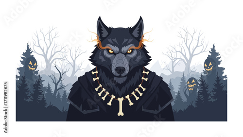 Werewolf in Spooky Forest: A menacing werewolf stands defiant amidst a chilling forest, its intense gaze piercing through the shadows. The scene sets a haunting mood, evoking fear. 