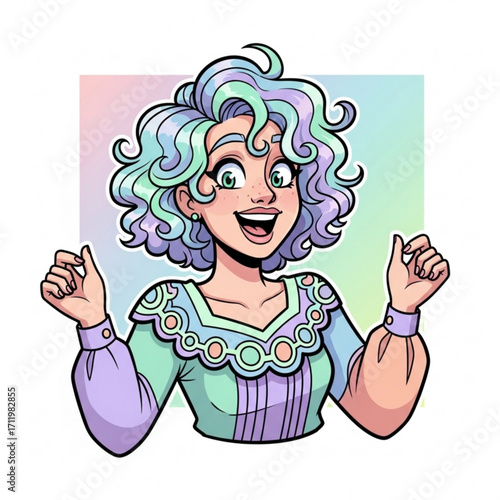 Illustration of excited woman with colorful curly hair and festive clothing