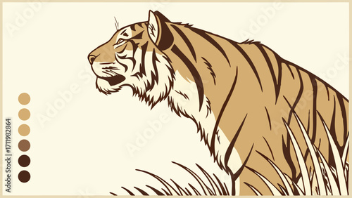Stylized illustration of a tiger in tall grass wildlife art animal portrait big cat design.