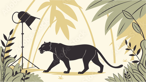 Stylized illustration of a panther in a tropical setting with studio lighting equipment.