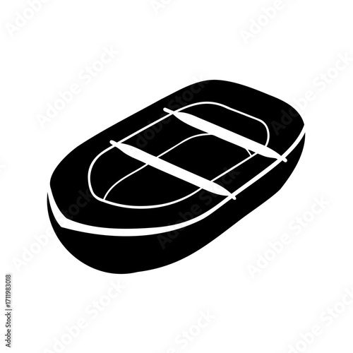 Black silhouette of an inflatable whitewater raft with white crossbars, viewed from above