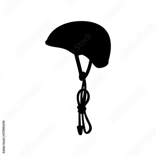 A stylized silhouette of a protective helmet with a dangling chin strap