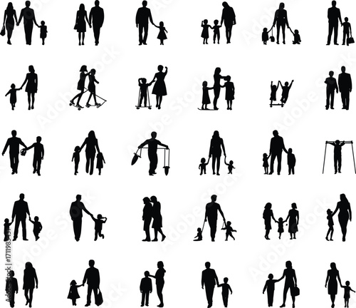 Silhouettes of parents and children, family togetherness, walking hand in hand, parent-child bonding, various family activities, loving relationships, childhood moments, caregiving,