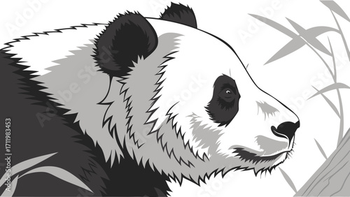 Stylized Panda Bear Head Illustration Monochrome Animal Portrait Wildlife Art Nature Design Cute Panda Face Black and White Panda Bamboo Background Graphic Animal Illustration Vector Panda.