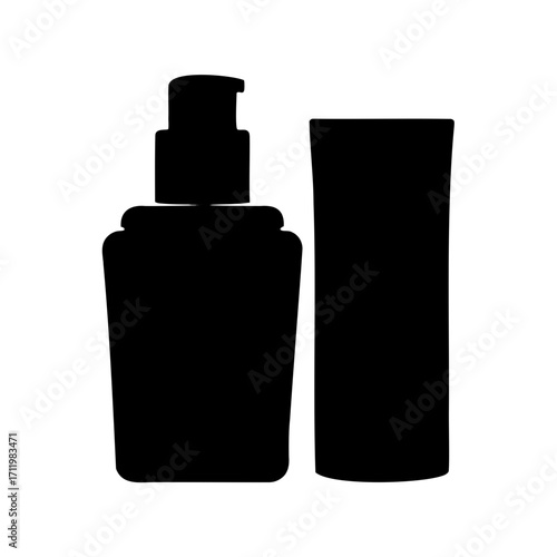 Silhouette of skincare product bottles suggests cosmetic routine or professional use