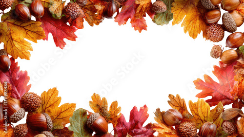 Autumn maple leaves and acorns forming frame seasonal foliage natural plant decorative object isolated on white background